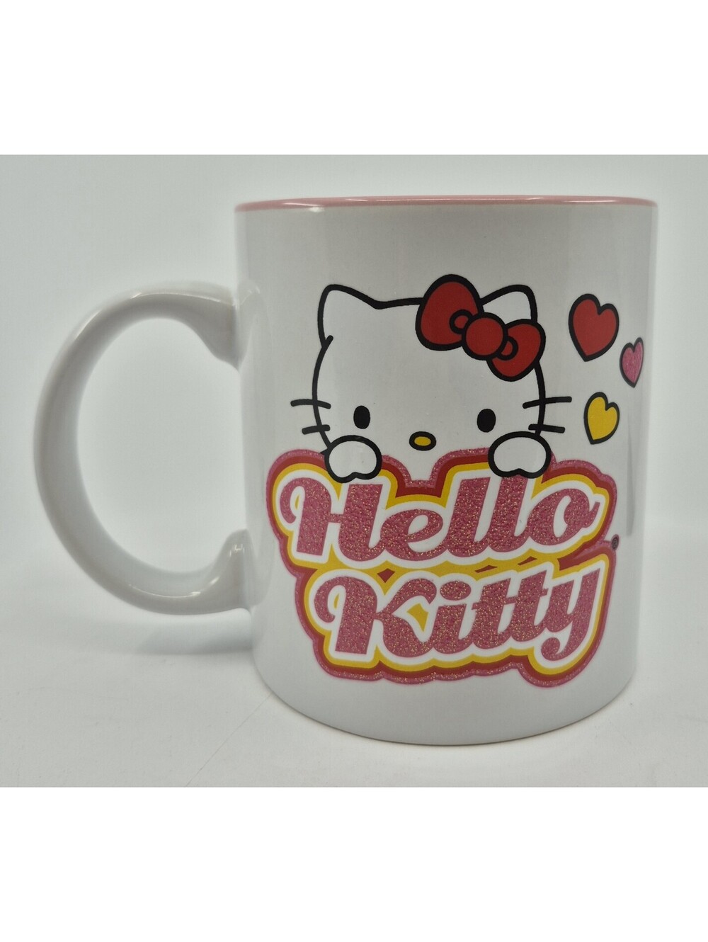 Silver Buffalo Sanrio HELLO KITTY Hearts Ceramic Mug Cup 20oz Glitter Lettering